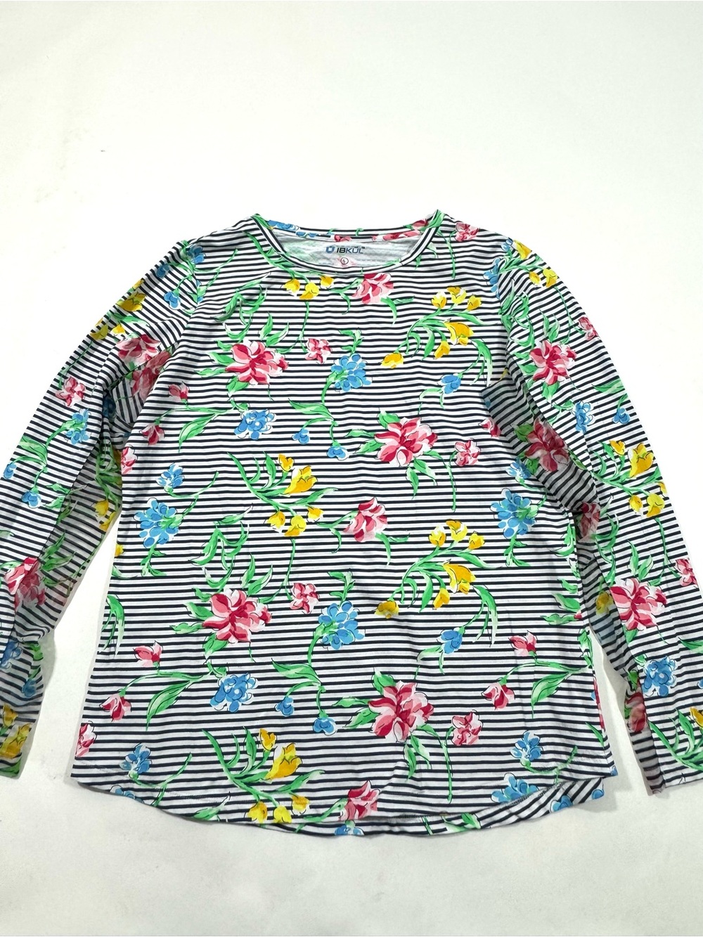 Ibkul Floral Stripe Long Sleeve Shirt Mesh Panels